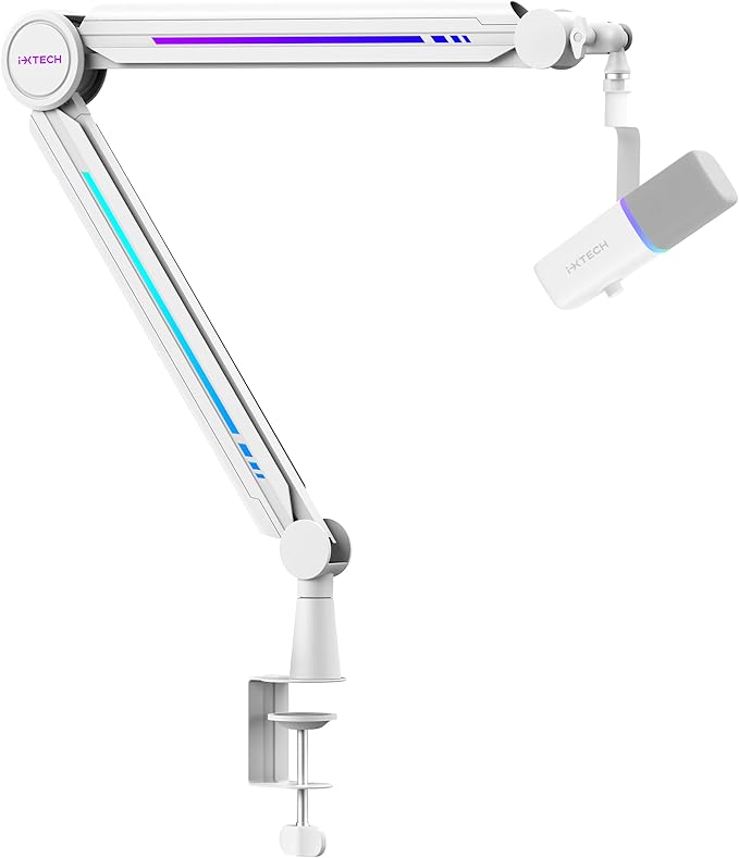 IXTECH RGB Mic Boom Arm High Profile, Overhead Boom Arm Microphone Stand Desk Mount, Adjustable Microphone Stand with Desk Mount, Mic Arm for Live Streaming Gaming Podcasting Recording.