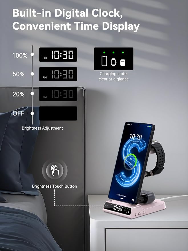 Wireless Charger for Samsung Charging Station with Clock for Samsung Galaxy S25 Ultra/S24 Ultra/Z Flip 7/Z Fold 6/Galaxy Bud, 3 in 1 Charger Station Watch Charger for Galaxy Watch 8/7/6/5Pro(Pink)