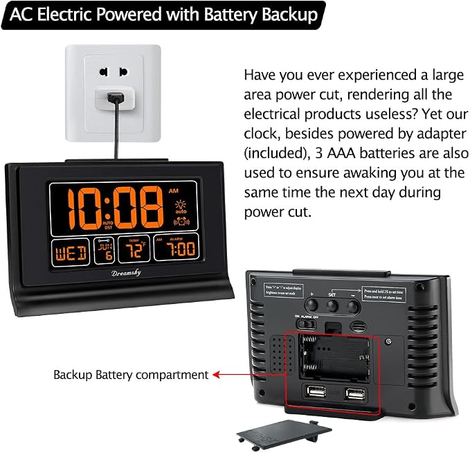 DreamSky Alarm Clocks for Bedrooms with Battery Backup, Auto Set | Digital Clock with Date & Day of Week, 5 Inch Large Display, Weekday, Temperature, USB Port, Auto DST, Brightness Dimmer