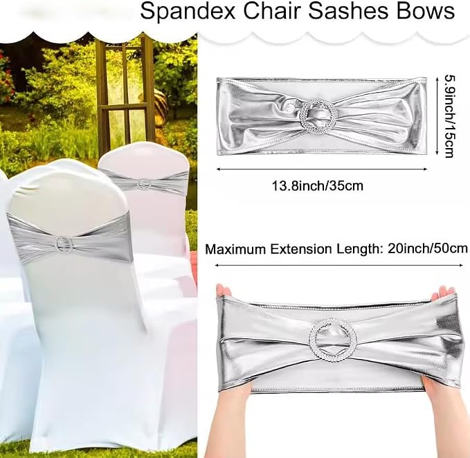 Tvoip 10PCS Chair Cover Stretch Band with Buckle Slider Sashes Bow Wedding Banquet Chair Decoration (Metallic Silver)