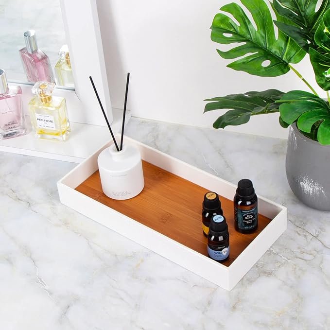 J JACKCUBE DESIGN Leather Bamboo Vanity Tray, Bathroom Organizer, Catch All Valet Tray for Women Perfume, Jewelry, Makeup, Candles, Key, Phone, Sunglasses (White)- MK205B
