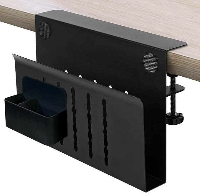 Desk Side Storage Organizer, Under Desk Laptop Holder with Magnetic Pen Holder, No Drill Hanging Desk Caddy for Office & Home, Clamp On Desk Shelf for Tablet, Files, Accessories (Black)