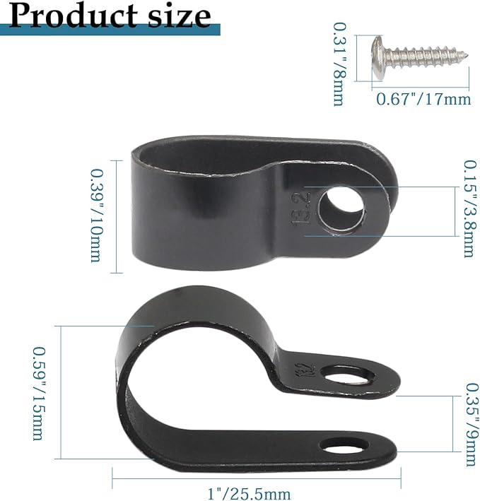 100 Pcs 1/2 Inch Black Nylon Cable Clip Wire Clamp | R-type, 13.2mm, Screw Mounting, Stainless Steel Screws Included, Wire Management