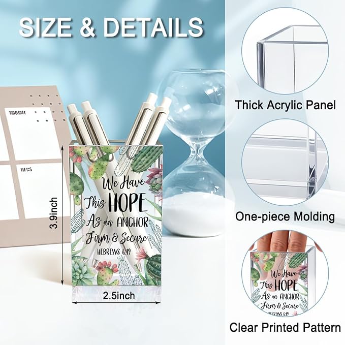 We Have This Hope As An Anchor Firm & Secure Acrylic Pencil Holder Cup, Bible Verse Inspirational Pen Holder for Home Desk, Hebrews 6:19 Christian Gifts for Women Girls, Makeup Brush Organizer