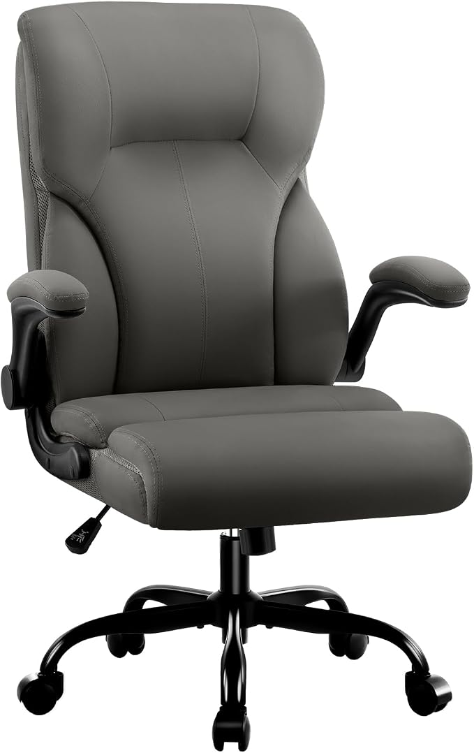 Executive Office Chair,High Back Ergonomic Comfy Desk Chair with Padded Flip-up Armrests and Wheels,PU Leather Heavy Duty Computer Swivel Rolling Task Chair for Home Office,Adults,Gray