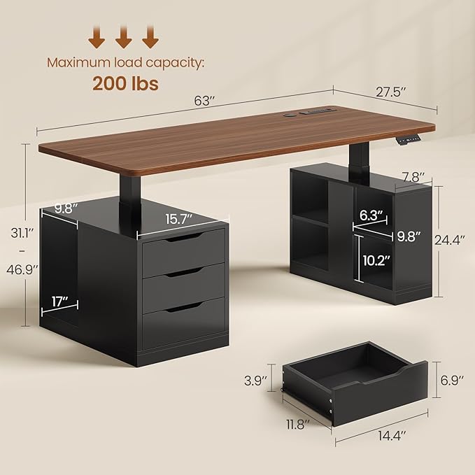SEDETA Modern Electric Standing Desk, 63" Height Adjustable Computer Desk with 3 Drawers, Storage Shelves, Power Outlets, Wood Home Office Stand up Desk for Work, Study, Writing, Black+ Brown