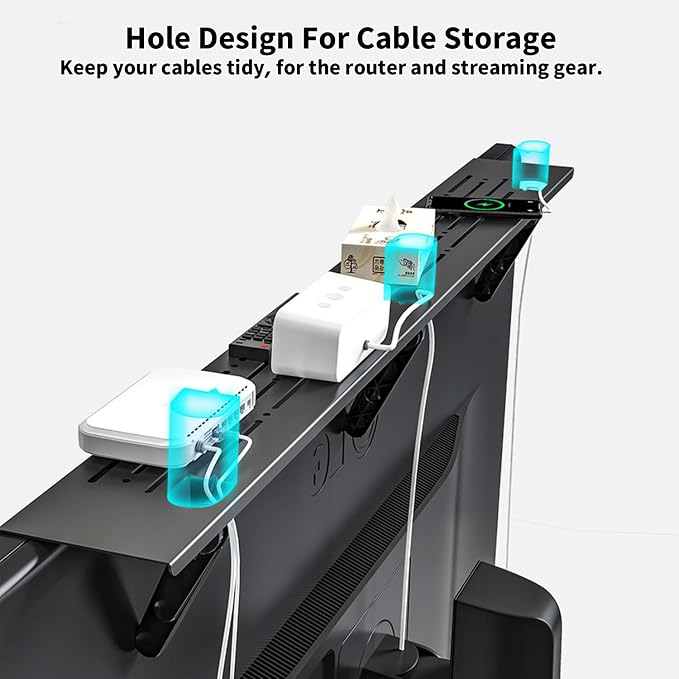 33.46 inch TV/PC Top Shelf Mount for Routers with 2 Storage Boxes | Adjustable Monitor Top Shelf Wide Platform Screen Storage Bracket, TV Mounted Shelf for Cable Boxes, Remote, Games Consoles