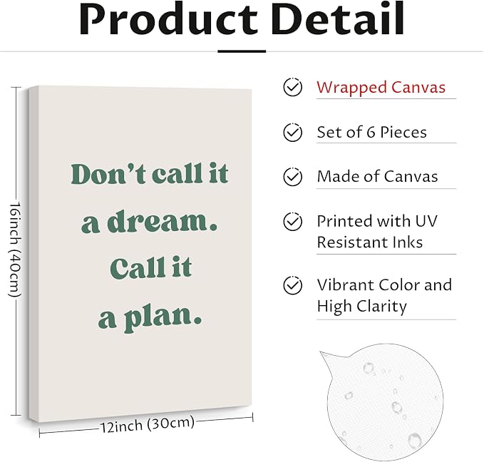 Office Wall Art Motivational Posters Inspirational Quote Canvas Wall Decor Office Positive Pictures Inspirational Classroom Art Motivational Work Prints for Gym Home 12x16 Inch Wrapped Canvas Set of 6