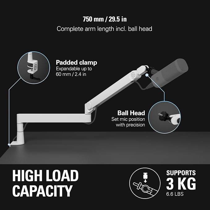 Elgato Wave Mic Arm Pro White - 360° Rotatable Low Profile Gas Spring Microphone Arm, Works Mics/Shure SM7B/HyperX QuadCast/Rode/Blue Yeti & More – for Broadcasting/Podcasting/Streaming