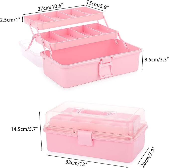 BTSKY 3-Layer Plastic Dividing Storage Box Craft Organizer and Storage | Portable Handled Art Supply Organizer with Adjustable Spacers Multipurpose Home Utility Box for Medicine, Sewing(Pink)