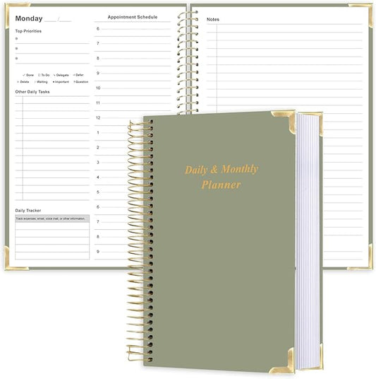 Undated Daily Monthly Planner for 2026 or Anytime - A5 To Do List with Hourly Schedule, Hardcover Spiral Bound Daily Planner to Increase Focus, Stylish School/Office Supplies, 5.8" x 8.5", Green