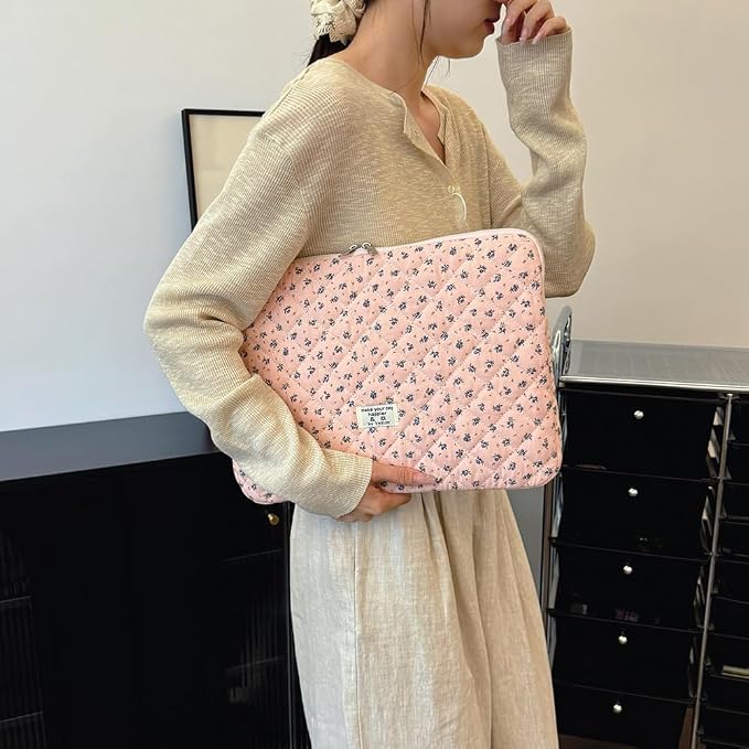 Cute Laptop Sleeve 13-15 inch Laptop Case Aesthetic Quilted Laptop Sleeve Computer Bag with Flower Printing for MacBook (A-Pink, 15inch)
