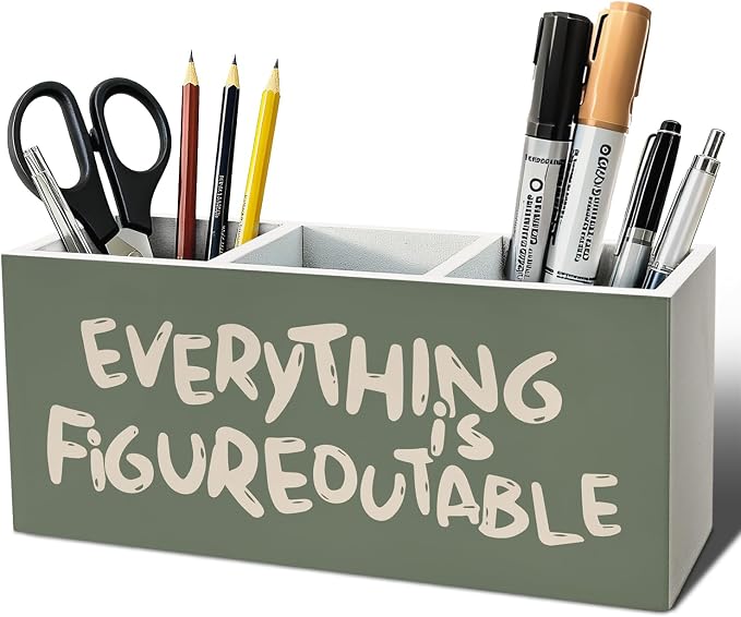 Everything Is Figureoutable Inspirational Pen Pencil Utensil Holder | Green Motivational Wood Desk Organizer and Accessories, Makeup Brush Holder for Bathroom Vanity