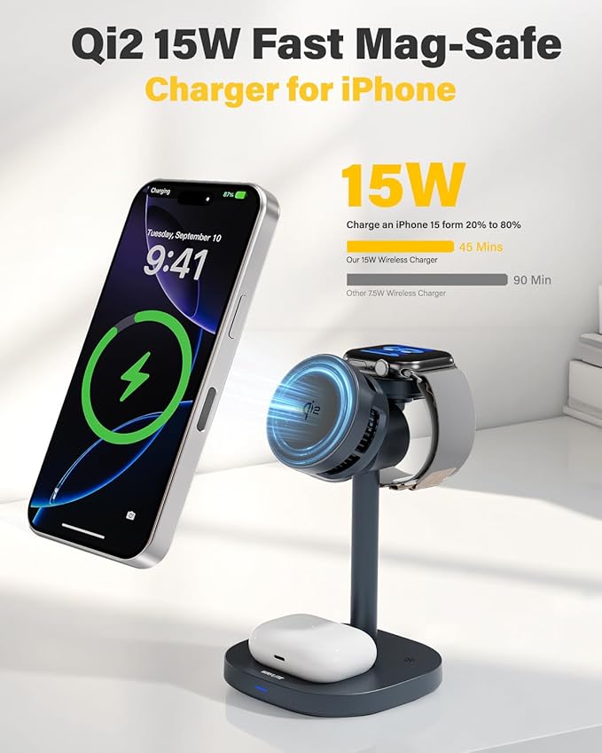 3 in 1 Wireless Charging Station for Apple MagSafe Charger Stand,15W Qi2 Fast Phone and Watch Charger with TEC Cooling, Magnetic Wireless Charger for iPhone17 16 15 14 13, Apple Watch, AirPods, Ashy