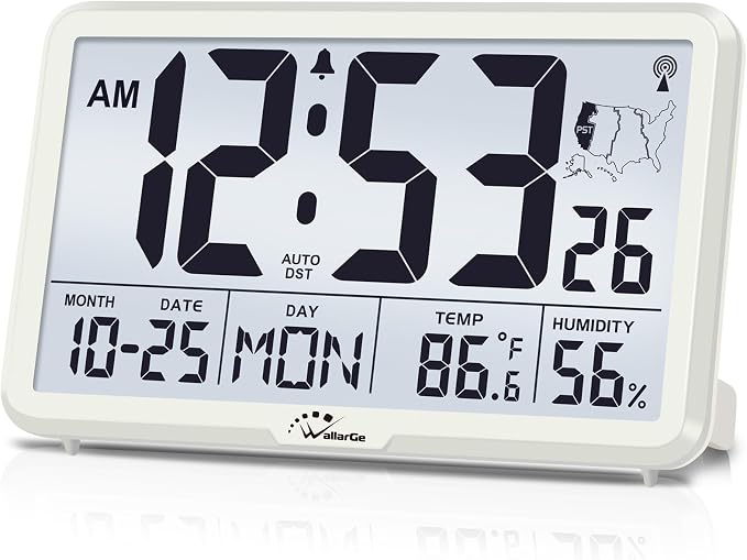 WallarGe Atomic Wall Clock with Backlight, Battery Operated | Large Digital Display, Indoor Temperature, Humidity, Date, AUTO DST, 6 Time Zones