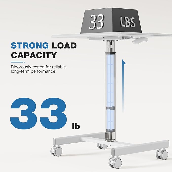 Rolling Laptop Stand Small Standing Desk with Wheels, Adjustable Height Rolling Table with Metal Base Lockable Catsers, Computer Rolling Table for Couch Home Office, 25.7'' × 19'' Milky