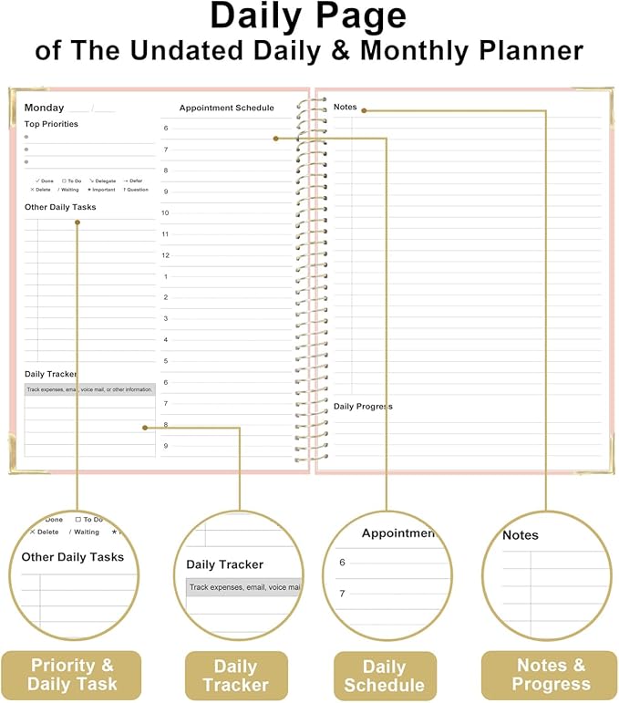 Undated Daily Monthly Planner for 2026 or Anytime - A4 To Do List with Hourly Schedule, Hardcover Spiral Bound Daily Planner to Increase Focus, Stylish School/Office Supplies, 8.5" x 11", Pink