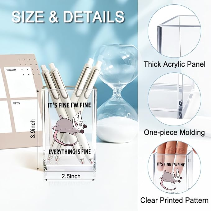 It's Fine I'm Fine Everything Is Fin Acrylic Makeup Brush Pencil Holder Cup, Funny Opossum Pen Holder Gifts For Friends Nurse, Office Sarcastic Gifts for Women Men Coworker, Desk Organizer