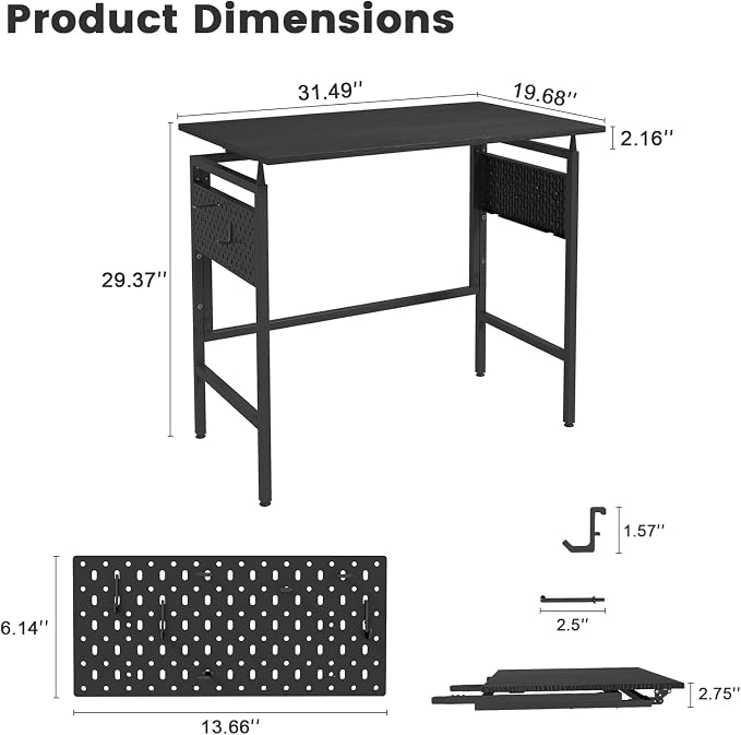 Hadulcet 31'' Folding Desk, Black Portable Desk with Pegboard Storage, Small Folding Computer Table for Bedroom, Portable Computer Desk for Study, Space-Saving for RV & Home Office