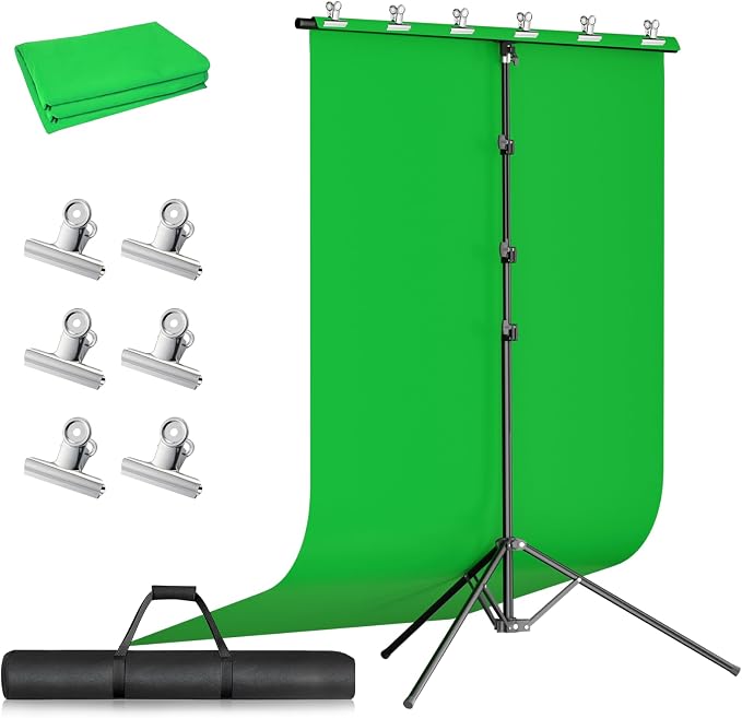 5x10ft Green Screen Backdrop Kit with Stand, Portable Greenscreen Background Includes Foldable T-Stand, 6 Clips and Carry Bag for Streaming, Gaming, Meeting, Video Production, Photography