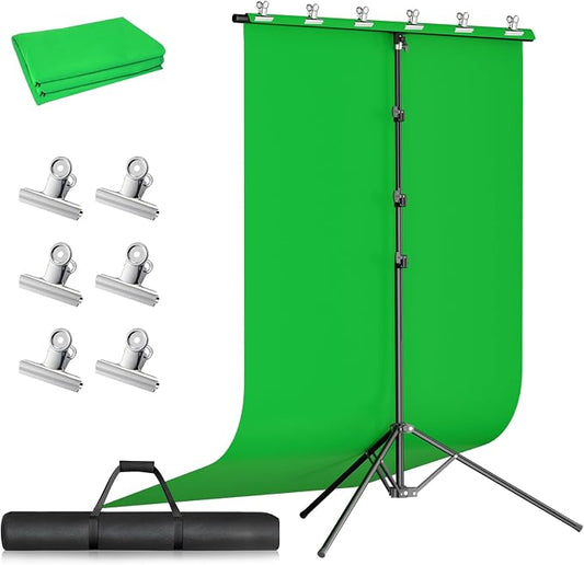 5x10ft Green Screen Backdrop Kit with Stand, Portable Greenscreen Background Includes Foldable T-Stand, 6 Clips and Carry Bag for Streaming, Gaming, Meeting, Video Production, Photography