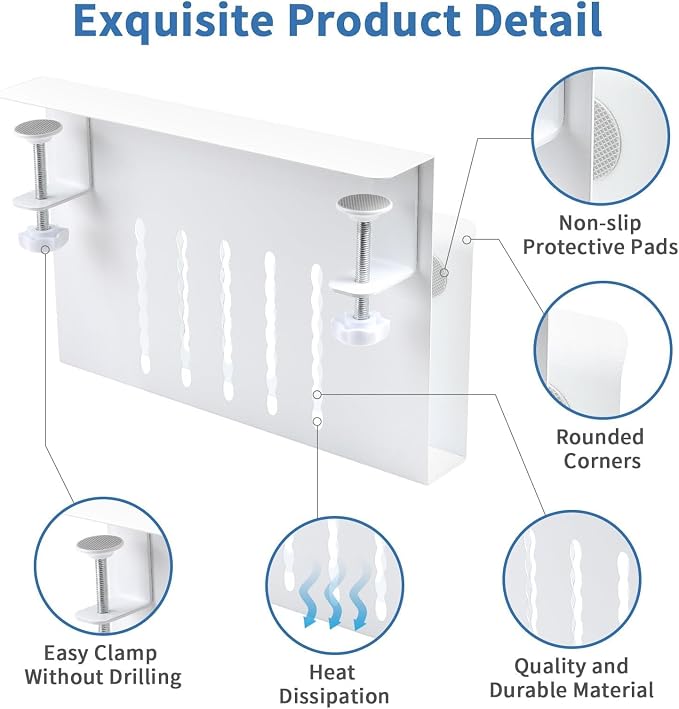 Desk Side Storage Organizer, Under Desk Laptop Holder with Magnetic Pen Holder, No Drill Hanging Desks Caddy for Office & Home, Clamp On Desk Shelf for Tablet, Files, Accessories (White)