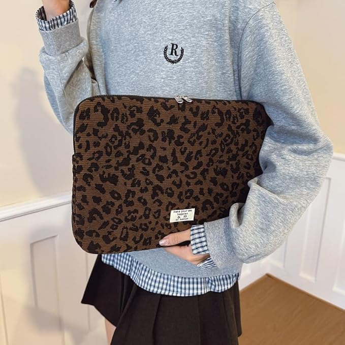 Cute Bow Puffy Laptop Sleeve 13-15 Inch Cute Quilted Laptop Protective Case Padded Bow Computer Sleeve for MacBook (Leopard Coffee, 15inch)