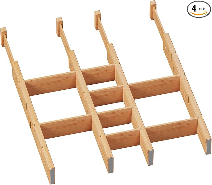 Bamboo Drawer Dividers with Inserts, Kitchen Adjustable Drawer Organizers, Expandable Organization for Home, Dressers, 4 Dividers with 8 Inserts