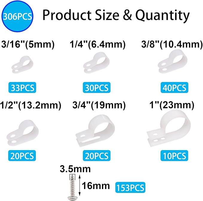 TWTADE 306PCS White Cable Clamps Assortment Kit, Nylon Plastic R-Type 6 Sizes 3/16'' 1/4'' 3/8'' 1/2'' 3/4'' 1'' Cable Mounting Wire Clips Fastener with Screws for Wire Management