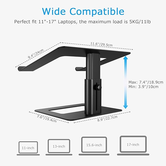 BoYata Laptop Stand, Ergonomic Aluminum Height Adjustable Computer Stand Laptop Riser Holder for Desk, Compatible with MacBook Pro/Air, Dell, Lenovo, HP, Samsung, More Laptops 11-17"