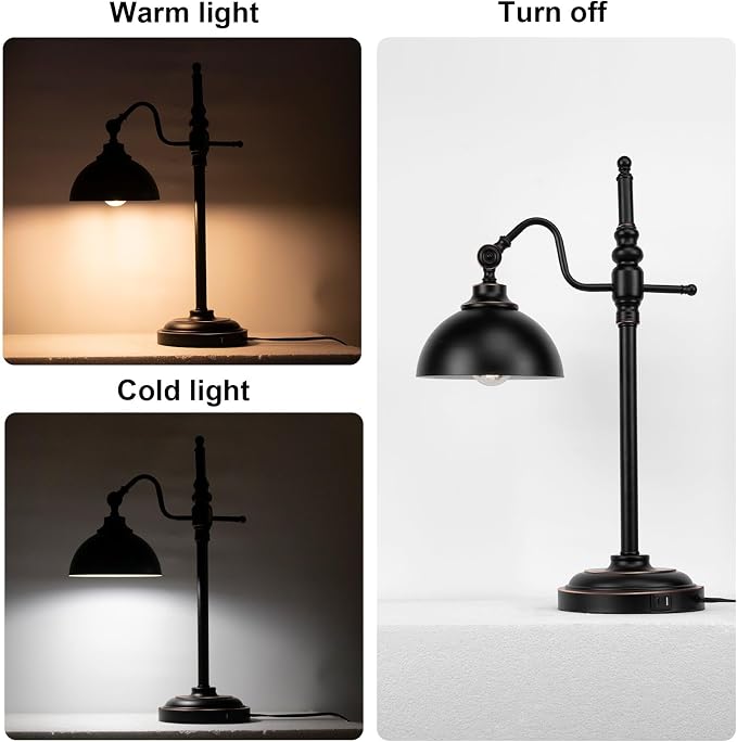 2 Pack Industrial Desk Lamp with 2 USB Charging Port,Black Metal Table Lamp,Adjustable Head Lamp with USB Port for Office Living Room Dorm Farmhouse Reading