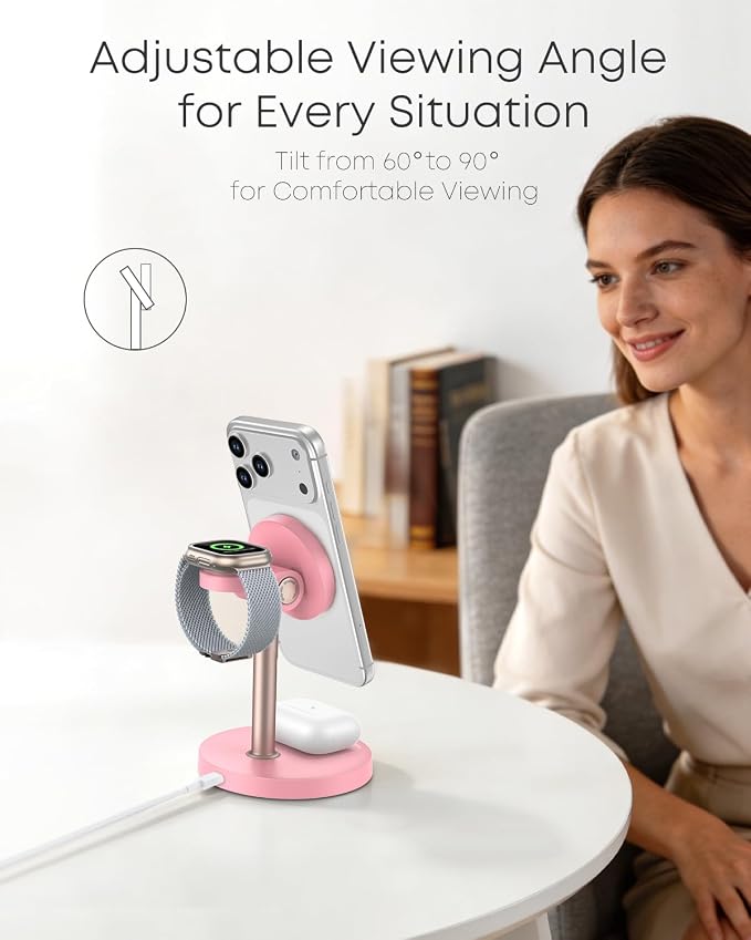 3 in 1 Magnetic Wireless Charging Station, 15W Charger for iPhone, Pink | Compatible with iPhone 12-17 Series, Apple Watch & AirPods, Charges 3 Devices Together, 18W Adapter Included, 3-Year Warranty