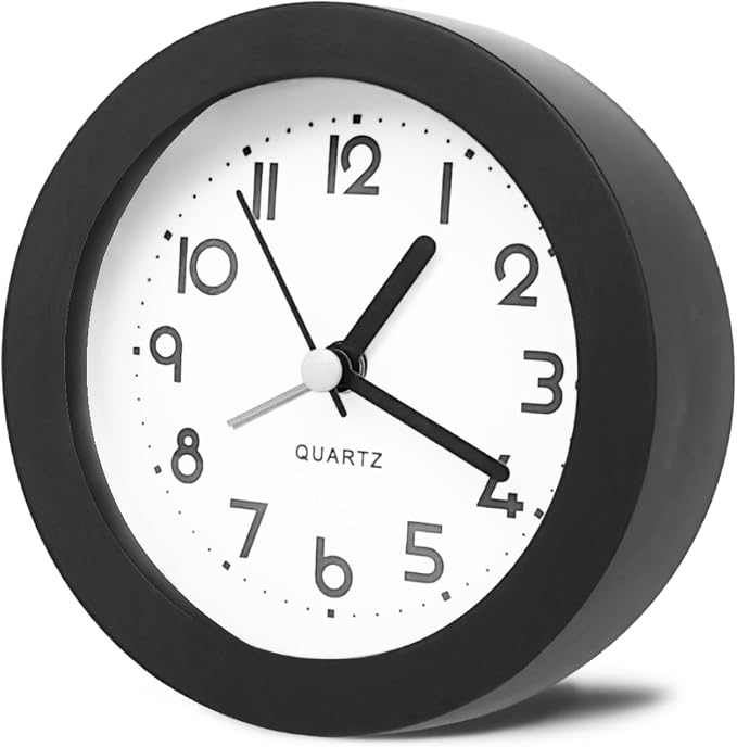 HIQU and HIST Alarm Clock with Backlight, 4 Inches Cute Analog Round Digital Quartz Clock, Non Ticking, Battery Operated,Simply Design for Living Room, Bedroom,Bedside, Desk Decorative (Black)