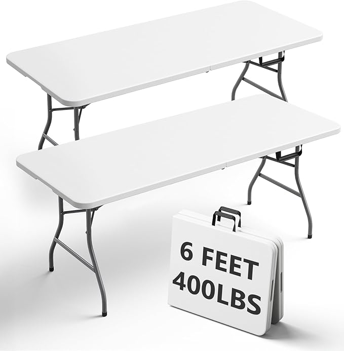 6FT Folding Table 2 Pack, Heavy Duty Plastic Table with Handel, 400 lbs Portable Table, Reinforced Steel Legs, Fold-in-Half Table Ideal for Parties, Picnics, Weddings, Camping White