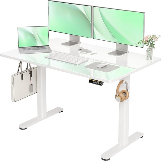 Claiks 48x24 Inch Super White Glass Standing Desk | Adjustable Height, Tempered Glass Top, Stand Up, Quick Install, 3 Memory Presets