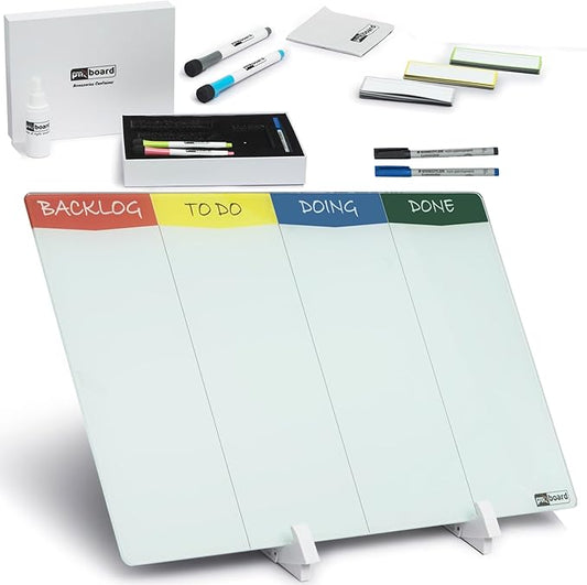 PMXBOARD Desktop Kanban Board & Whiteboard (Double-Sided) 18” x 11” Glass Dry Erase Board with Stand, 24 Reusable Task Cards, 6 Markers – Scrum Agile Project Management Desk Planner