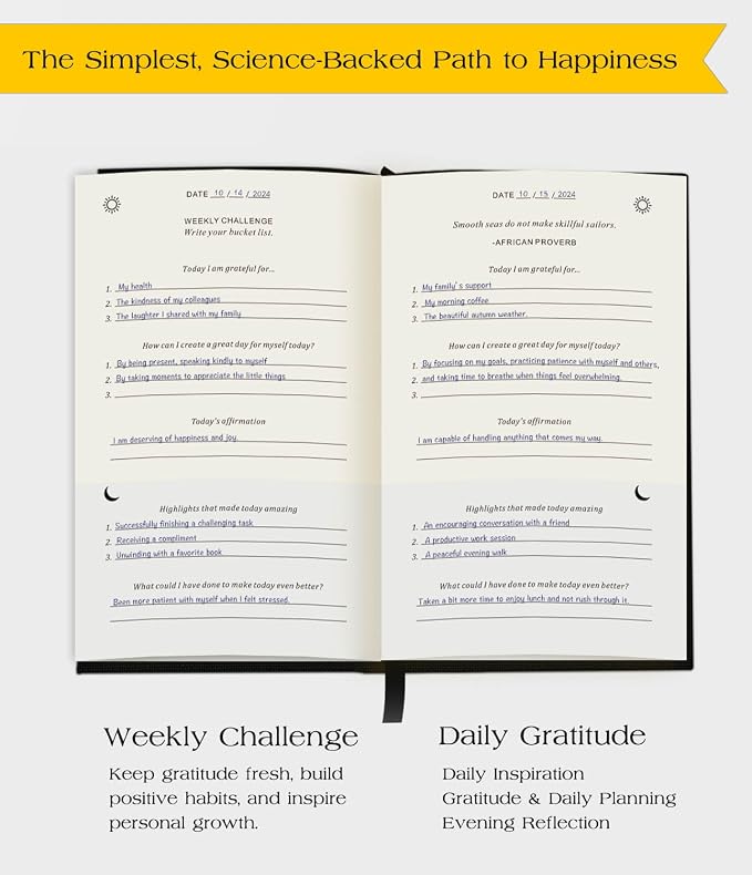 The Original Gratitude Journal with Inspiring Prompts & Quotes for Mindfulness, Reflection & Personal Growth - Daily Wellness Journal for Men & Women - Luxurious Linen Black Cover