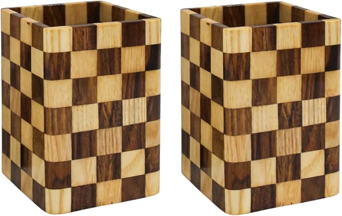 Wooden Pen Holder for Desk, 2 Pack Natural Wood Pencil Cup Holder – Office Desk Accessories Organizer, Makeup Brush Holder, Kids Crayon Marker Caddy, Eco-Friendly (2 Pack Mosaic Pattern)