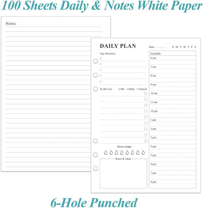 ZGMJ Undated Daily Planner Refill - A5 Day Planner Insect To Do List, 100 Sheets/200 Pages Planner and Lined Refill, 6-Hole Punched, 100 gsm White Paper, 5.8'' x 8.3''