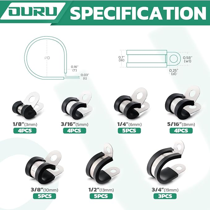 OURU 30PCS Cable Clamps Assortment Kit,Rubber Coated, 1/8"-3/4" 7 Sizes | 304 Stainless Steel, Anti-Vibration, Rust Resistant, Secure Hold, Automotive Wire, Pipe & Tube Mounting, Cable Management