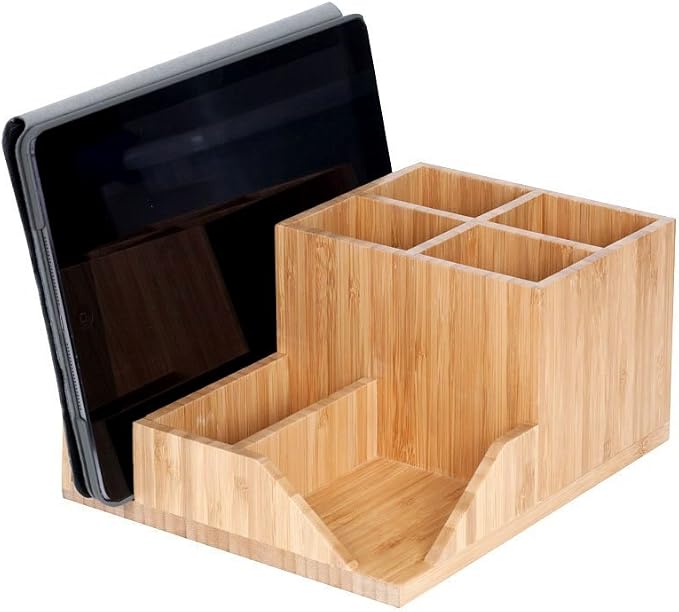 MobileVision Bamboo Multi-Function Desktop Organizer; Store stationary items like notepads, file folders, paperclips, business cards, pens, & more