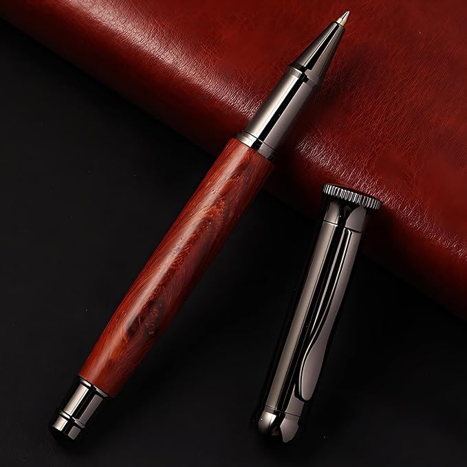 Luxury Rose Wood Rollerball Pen Set, 0.5mm Black Ink Handcrafted Rose Wood Signature Pen, Professional Executive Pens with Metal Box for Men Women