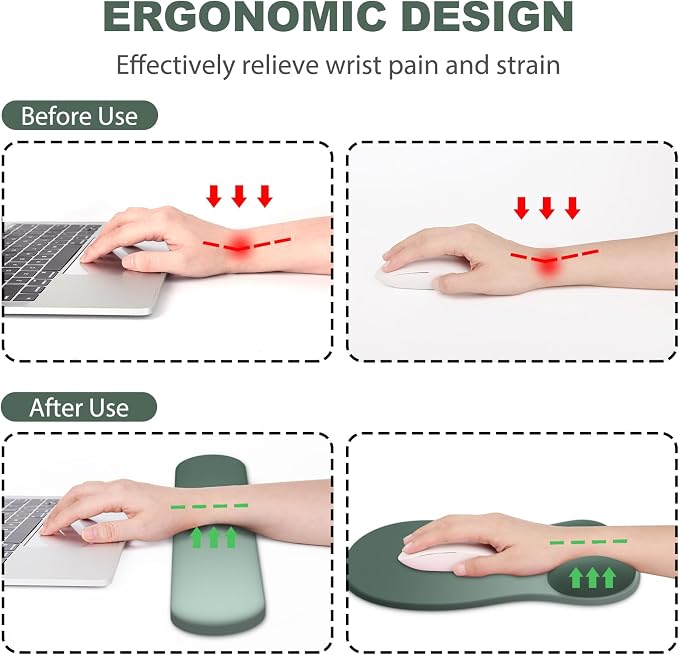 Ergonomic Mouse Pad with Wrist Rest and Keyboard Wrist Rest, Gel Mousepad and Wrist Rest for Computer Keyboard, Pain Relief, Non-Slip PU Base, Mouse Pad with Wrist Support for Gaming, Sage Green
