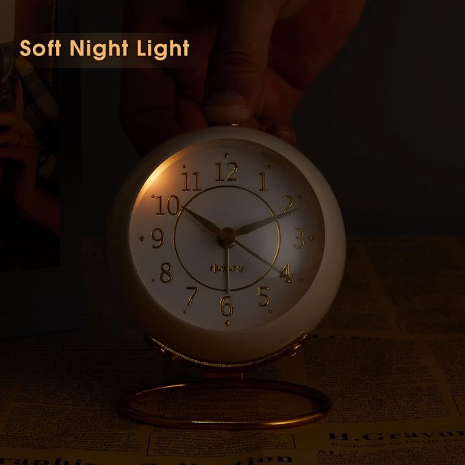 rjuwurv Metal Desk Clock, Retro Bedroom Table Vintage Analog Alarm Clock, Silent Non-Ticking Gold Clock, Bedside Décor(Milk White)