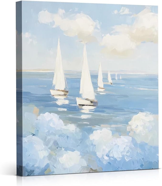 Coastal Ocean Hydrangea Wall Art Decor Nautical Sailboat Picture Painting Artwork Blue Ocean Wall Decor for Home Beach Room Bedroom 8x10 Canvas Framed