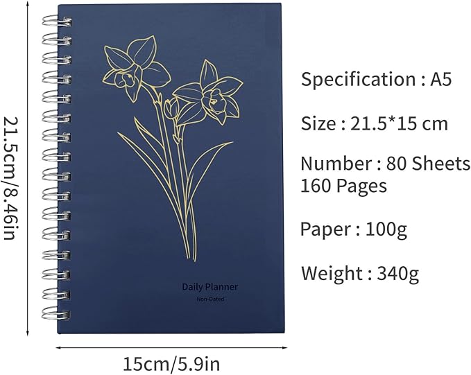 Vebermo 2026 Daily Planner Notebook, Spiral Journals with Pen Set, A5 Hardcover Academic Hourly Schedules Appointment Planner for Office Home School, DeepBlue