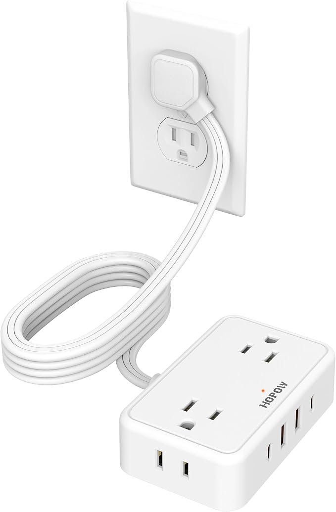 Flat Plug Extension Cord, 6 Ft Ultra Thin Power Strip with 4 AC Wide Spaced Outlets and 4 USB (2 USB-C) Ports, No Surge Protector for Cruise Ship, White Extension Cord for Travel Home Office