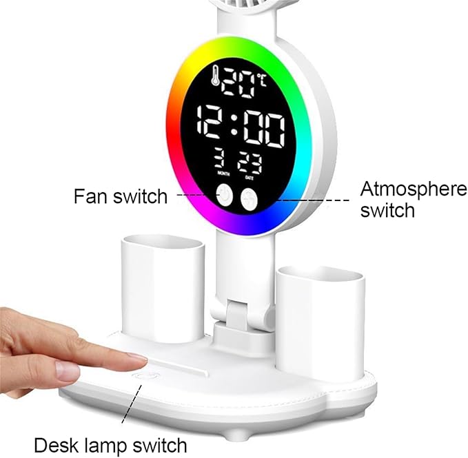 ikaufen Multifunctional LED Desk Lamp with Cooling Fan Digital Time Temp Display 3 Color Mode Stepless Dimmable Eye-Caring Table Light Foldable Pen Holders USB Type-C (Round Light, Touch)