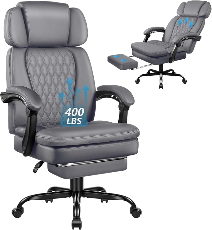 Office Chair with Foot Rest 400lbs, Heavy Duty Executive Leather Office Chair for Heavy People,Big and Tall High Back Ergonomic Comfy Office Desk Chair with Lumbar Support,Grey