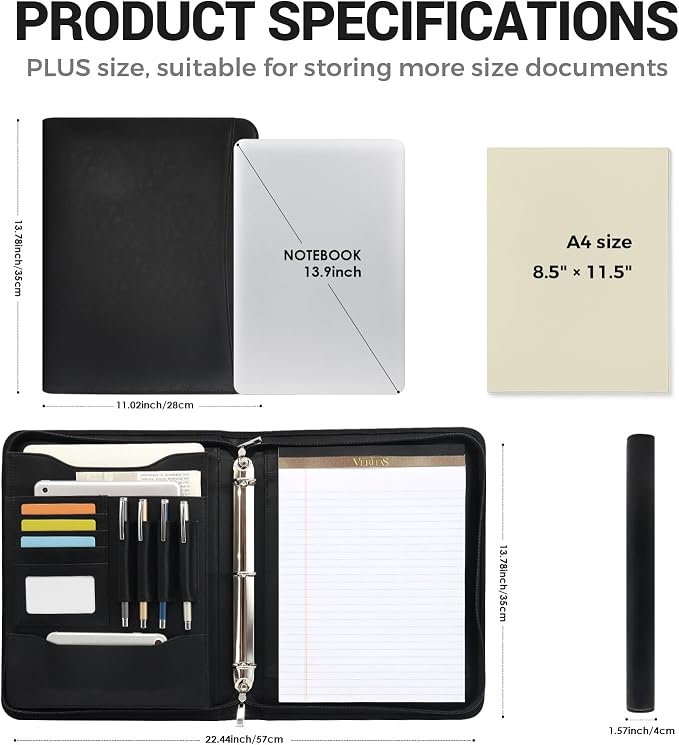 Faux Leather Zippered Padfolio with 3 Ring Binder, Executive Portfolio Organizer Binder, Fits 13.9" Laptop/Tablet, Refillable Writing Pad Pocket, Black